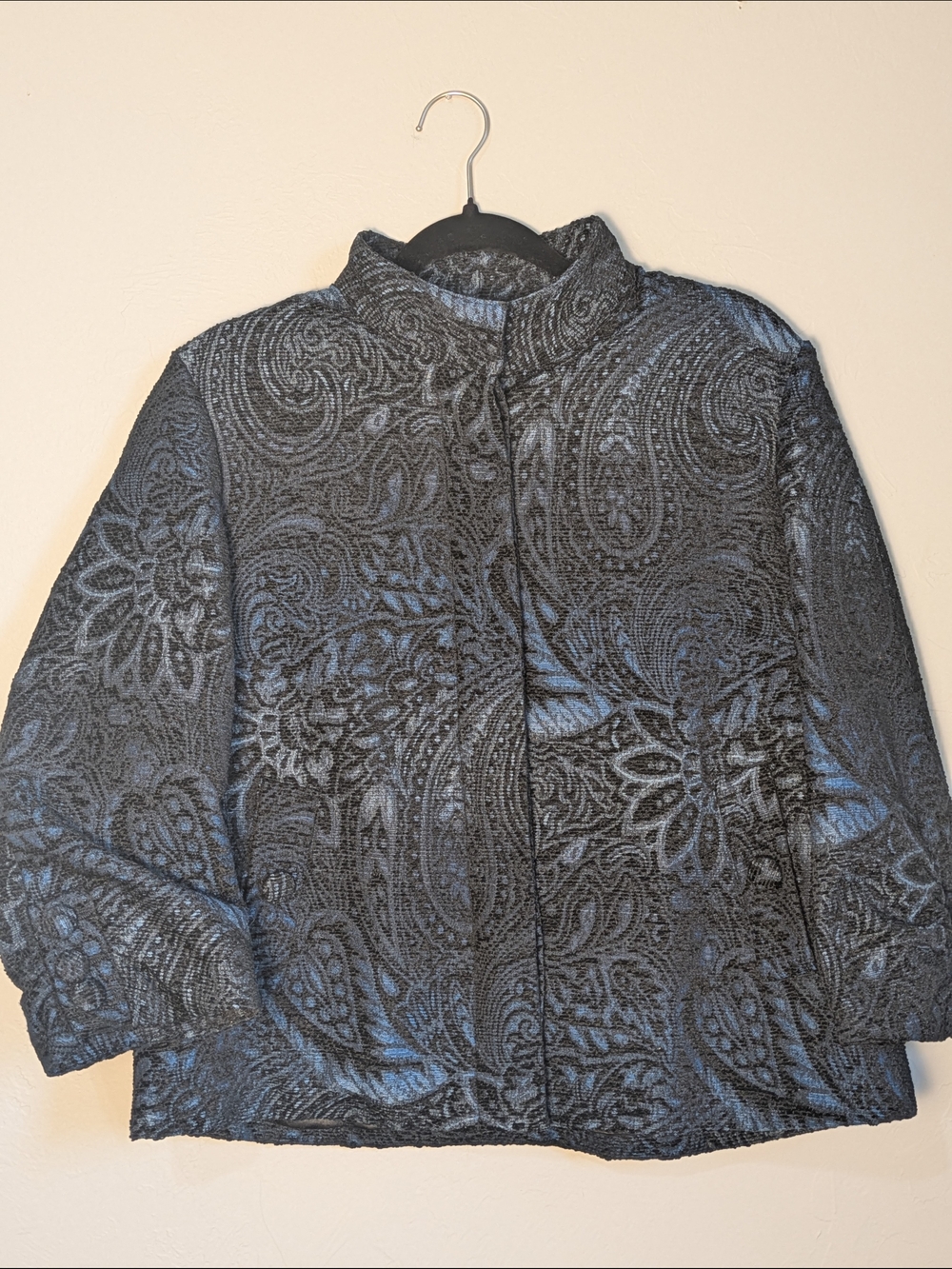 Chico's Blue Black Metallic Paisley Jacquard Shacket S:1/8-10 M Artsy Mob Wife